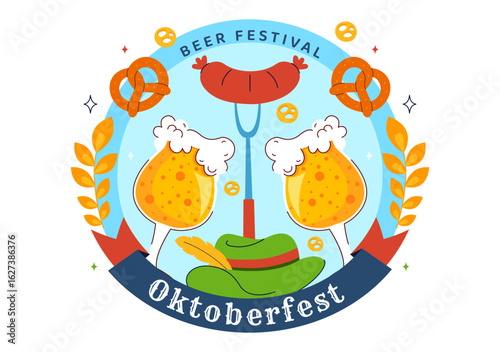 Happy Oktoberfest Party Festival Vector Illustration Featuring Beer, Sausage, Gingerbread, Barrels, German Flag, and Wheat in a Flat Background