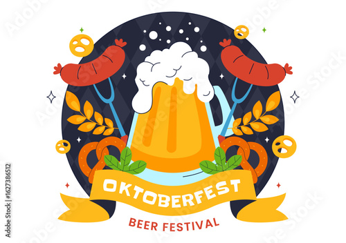 Happy Oktoberfest Party Festival Vector Illustration Featuring Beer, Sausage, Gingerbread, Barrels, German Flag, and Wheat in a Flat Background