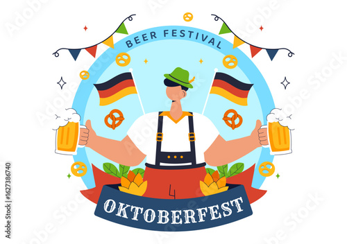 Happy Oktoberfest Party Festival Vector Illustration Featuring Beer, Sausage, Gingerbread, Barrels, German Flag, and Wheat in a Flat Background
