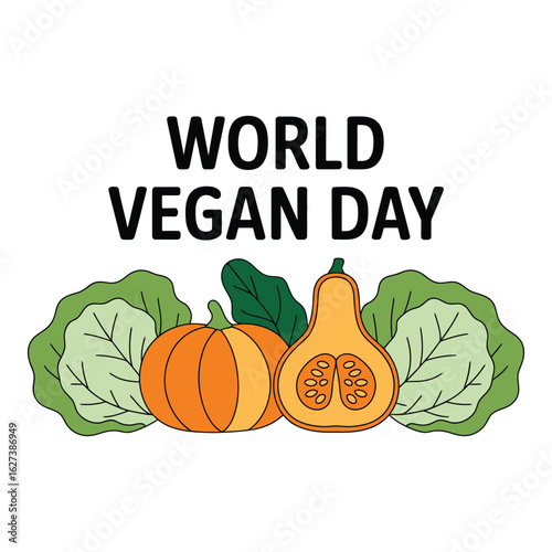 Celebrate world vegan day with pumpkins and cabbages on white background