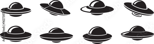 Collection of retro flying saucer ufos in black silhouette