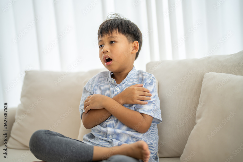 Asian boy feeling chills or sickness, recovering from illness, cold and unwell, child health care in winter, fever symptoms and rsv virus, health care, body cold at home Asian boy feeling chills or sickness, recovering from illness, cold and unwell, child health care in winter, fever symptoms and rsv virus, health care, body cold at home