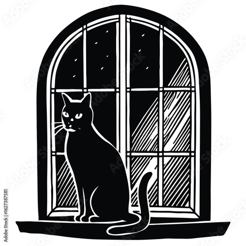 Black cat sits on windowsill looking out arched window vector