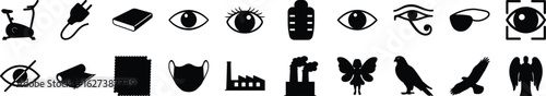 Black Silhouette Icons on Surveillance, Vision, and Privacy
Vector icon set in black silhouettes representing themes like surveillance, eyes, privacy, masks, and observation tools for digital design.
