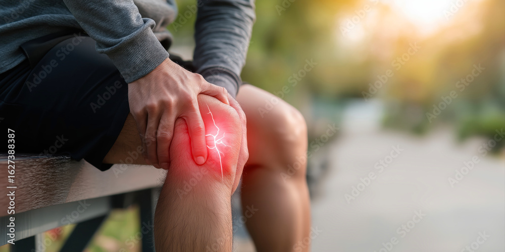 Naklejka premium man suffering from knee pain during workout outdoors