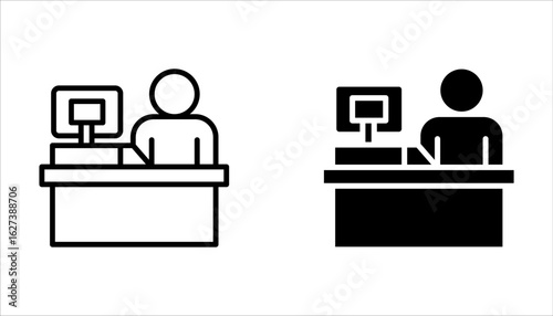 Male and Female cashier line icon set. Woman and Man worker at cash register, cashbox. Cashier concept on white background