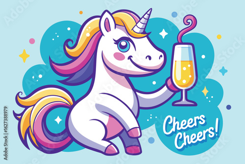 Cheerful unicorn holding a celebratory drink with colorful accents celebration cheers