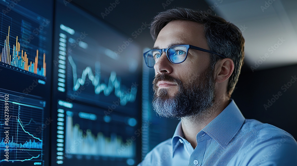 Fototapeta premium Corporate investment analyst evaluating market risks with data visualizations in background, showcasing focus and determination