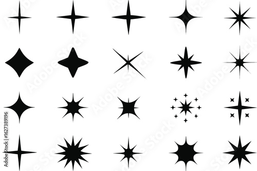 Collection of black starburst and sparkle graphic elements shape