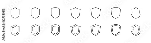 Security and protection outline icons set – line, shield, defense and safeguard symbols