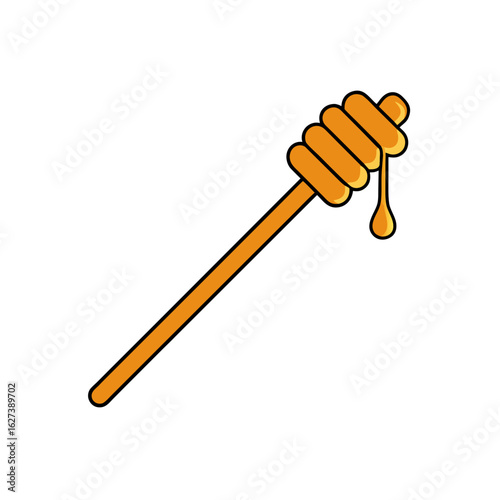 Golden honey dripping from a wooden dipper on a black background