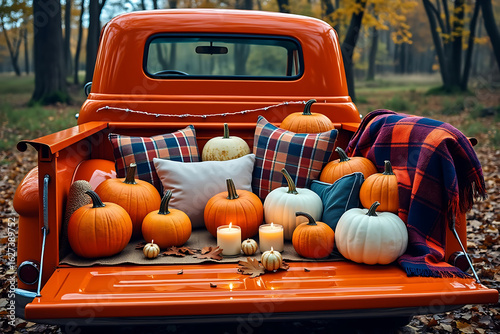 Autumnal Orange Truck Bed Displaying Pumpkins and Cozy Pillows in a Rustic Outdoor Setting with Warm Candlelight Glow