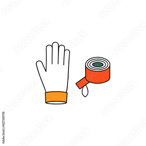 White glove with orange cuff next to a roll of orange tape with a drop of liquid