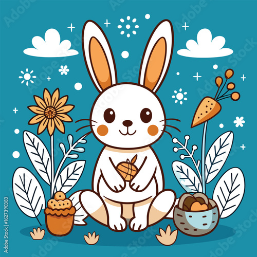Adorable easter bunny surrounded by spring flowers and carrots