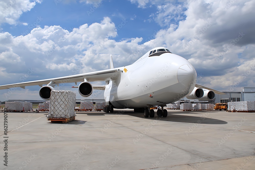 Obraz premium International cargo plane parked at runway during loading process