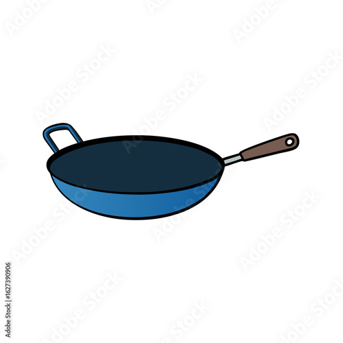 Simple illustration of a blue wok with a wooden handle on a black background