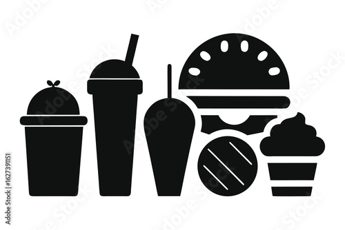 Fast food meal with drinks and dessert burger straw
