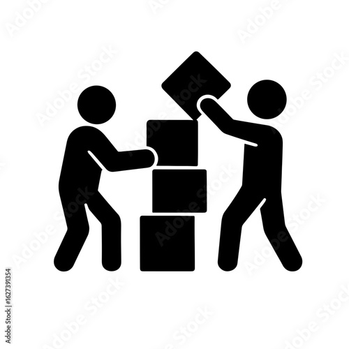 Two people building a tower icon with solid fill representing collaboration and shared effort