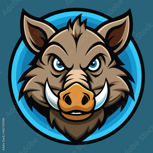 Fierce wild boar head with blue circular frame animal face
