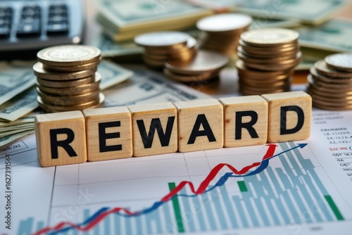 Wallpaper Mural Wooden blocks spelling out reward surrounded by stacks of coins and cash on financial charts Torontodigital.ca