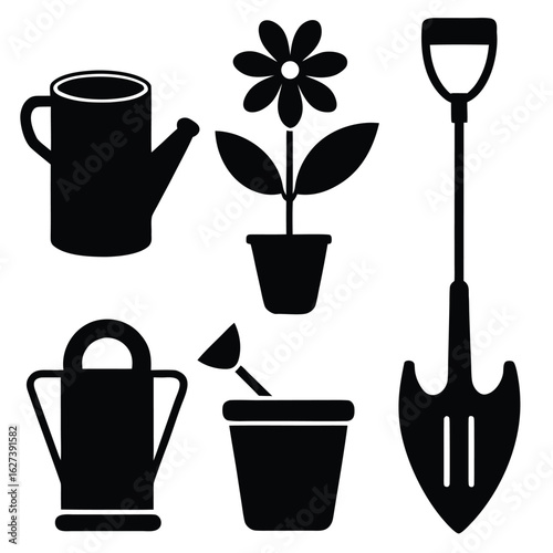 Gardening tools vector icons and beverage drink menu symbols set illustration
