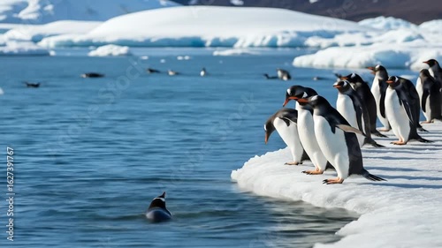 Penguins Swimming and Standing on Ice in Antarctica Daylight