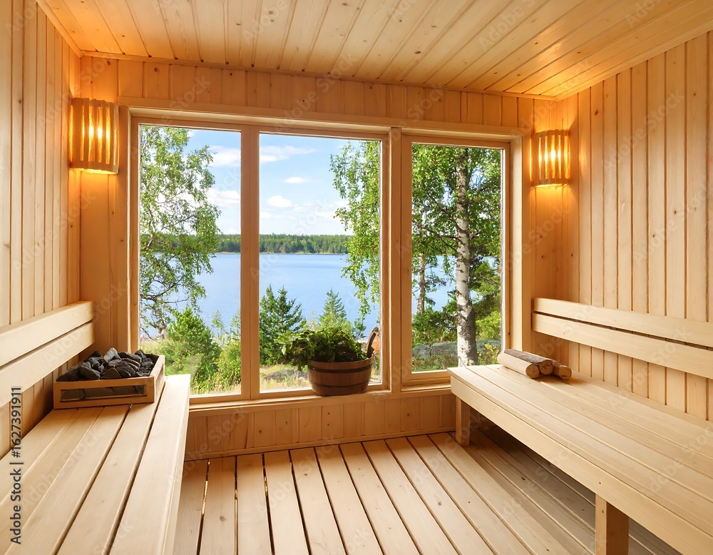Fototapeta premium Inviting sauna interior with a serene lake view promoting relaxation and well being