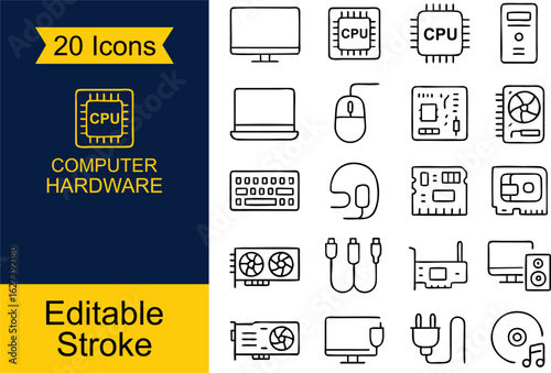 Minimalist Outline Icons of 24 Essential Computer Hardware Components Including CPU, GPU, RAM, SSD, Motherboard, Monitor, and More – Perfect for Tech Interfaces, Apps, and Web UI

