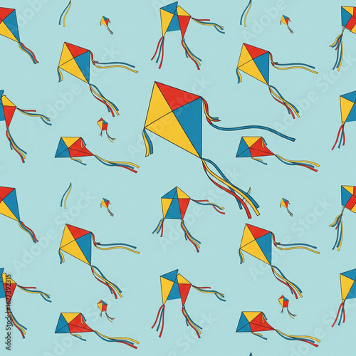 Kite Pattern Design: A whimsical pattern of colorful kites dancing gracefully against a serene blue background, evoking childhood memories and breezy days.