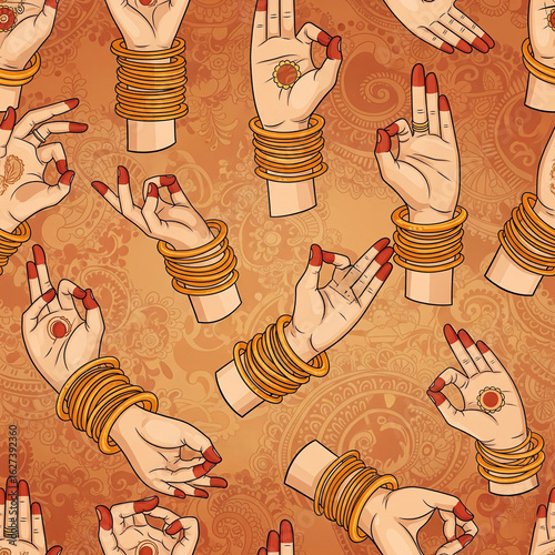 Hand Gestures: A series of intricately illustrated hands, adorned with henna and gold bangles, showcase various symbolic mudras against a warm, ornate backdrop, evoking an aura of ancient traditions.
