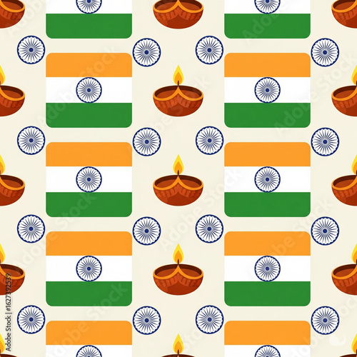 Indian Festive Pattern: A vibrant, repeating pattern featuring the Indian flag alongside traditional diyas and the Ashoka Chakra, perfect for cultural designs.