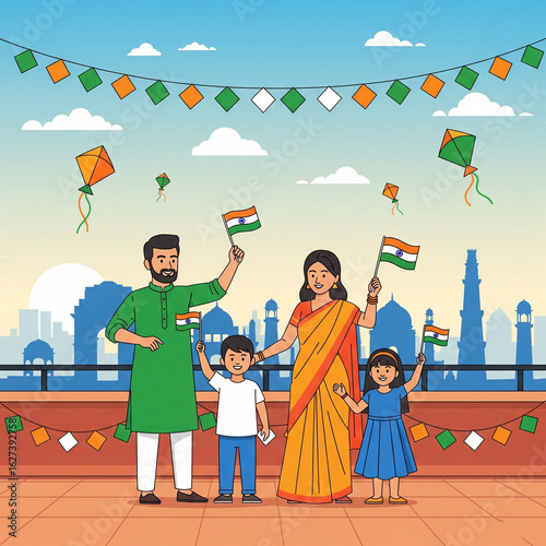 Joyful Indian Family on Rooftop: An Indian family waves the national flag joyfully against a backdrop of a cityscape adorned with kites and festive decorations.