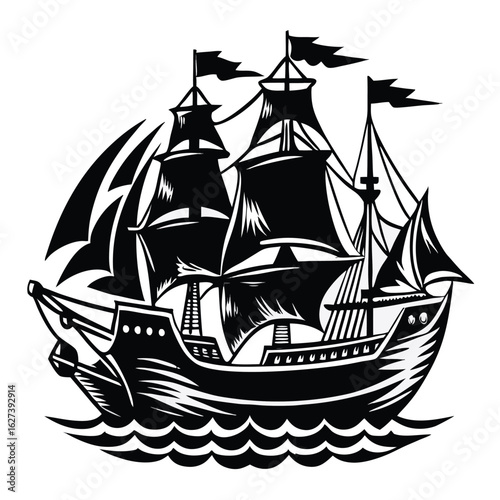 Majestic tall ship sailing on choppy black waters mast