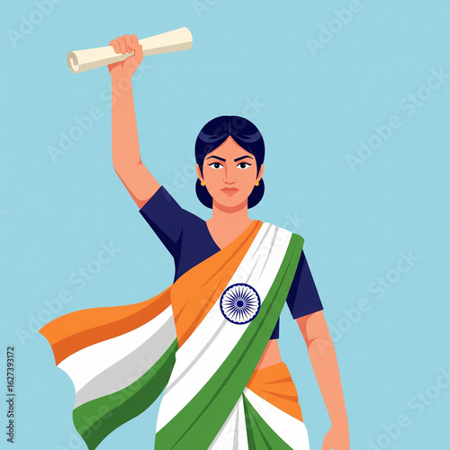 Empowered Patriot: A vibrant illustration of a indian woman proudly displaying her national colors, holding a scroll aloft in a symbol of unity, strength, and national pride.