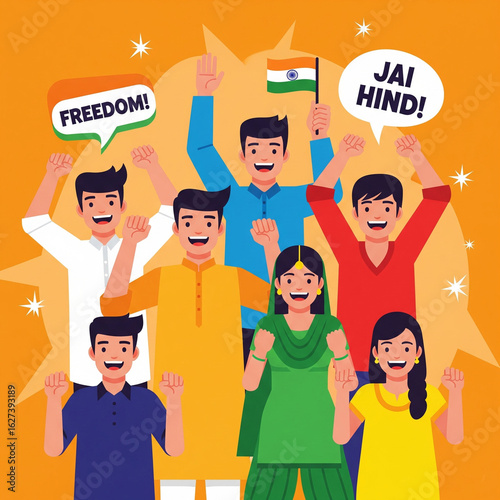 India Independence Day Celebration: A lively illustration showcases a group of Indians celebrating the independence day with enthusiasm, with flags, slogans.