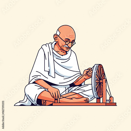 Illustration of a historical figure: A serene illustration of a historical figure is at work, demonstrating peaceful resistance through the art of weaving. This image evokes introspection.