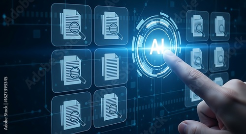 Artificial Intelligence document search concept hand pressing virtual screen activating AI technology for smart data analysis and information processing