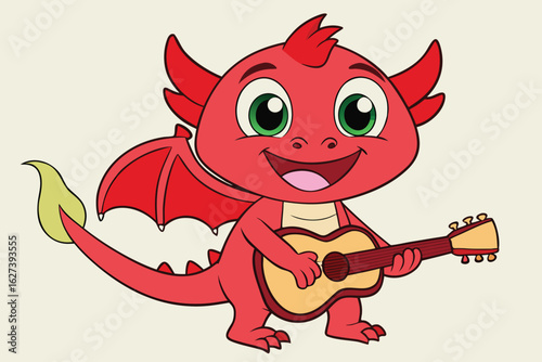 Red dragon playing acoustic guitar green eyes