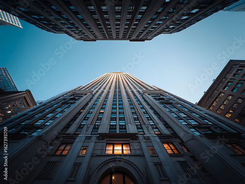 A low-angle view that emphasizes the height and scale of the blue sky and skyscrapers
