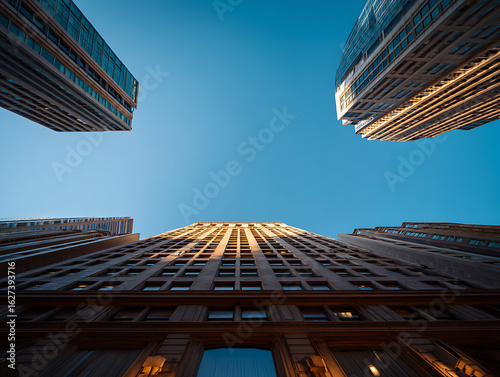 A low-angle view that emphasizes the height and scale of the blue sky and skyscrapers, sunlight