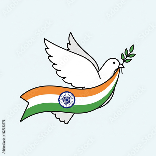 Indian Peace Dove in Flight: A stylized white dove, adorned with an Indian flag, soars with an olive branch symbolizing peace, set against a clear sky, evoking the spirit of harmony and freedom.