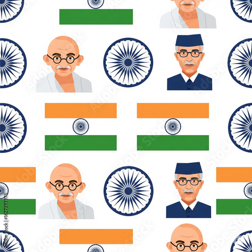 Symbol of India: A repeating pattern featuring iconic elements, seamlessly blending the image of Gandhi with the flag of India, embodying the essence of the nation. 