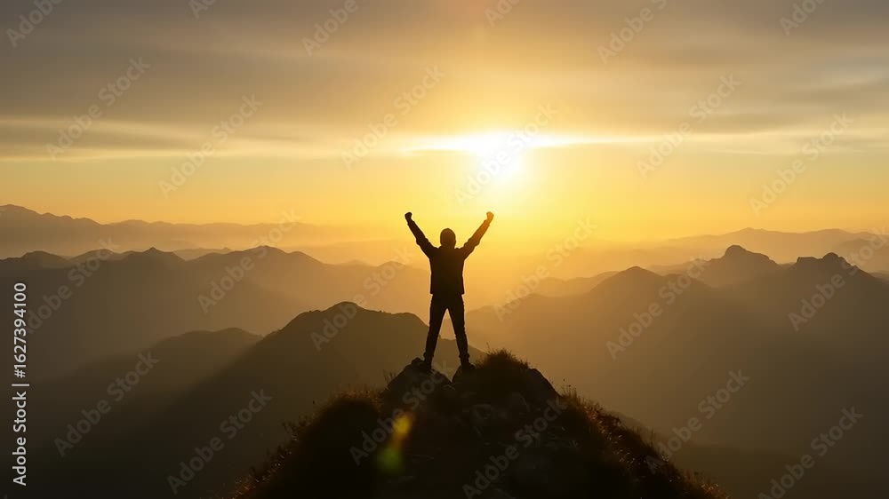 Person Celebrating Sunrise on Mountain Peak with Scenic View Person Celebrating Sunrise on Mountain Peak with Scenic View