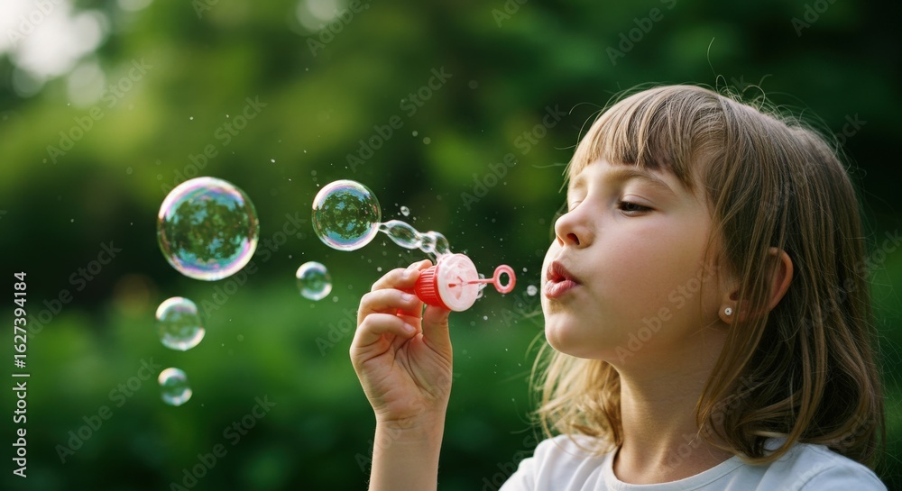 Young Girl Blowing Bubbles in Green Garden. Young Girl Blowing Bubbles in Green Garden.