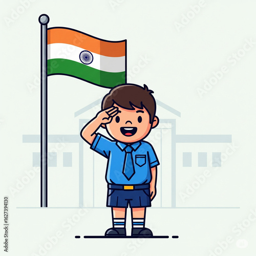 Patriotic Salute: A young boy salutes a national flag, representing respect and love for his country. A perfect visual for educational resources.