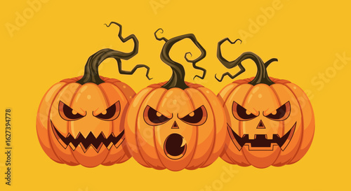 Three halloween pumpkins with scary faces on a yellow background illustration