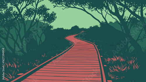 Winding wooden path through lush green forest trees