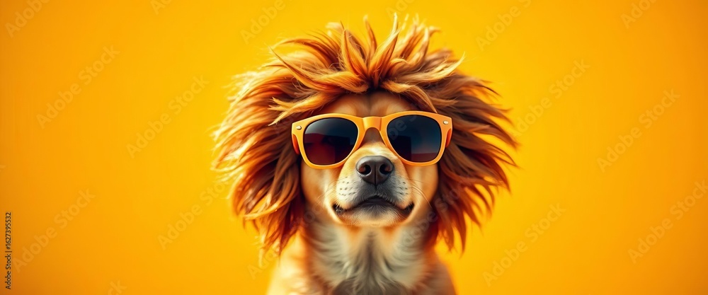 A canine in a lion's mane wig and sunglasses against a sunny yellow backdrop, background, joyful A canine in a lion's mane wig and sunglasses against a sunny yellow backdrop, background, joyful