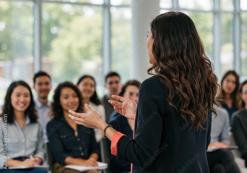 Obraz premium A woman presents to an engaged audience during a business meeting