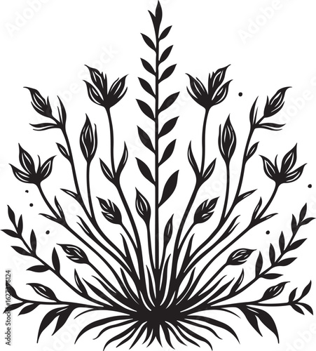 Elegant black floral design with delicate leaves and buds